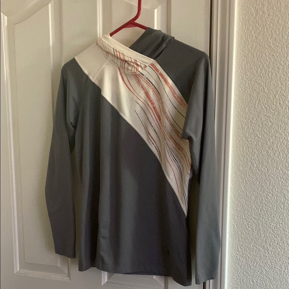 Gray and White Long Sleeve Top Hoodie  with Striped Accent